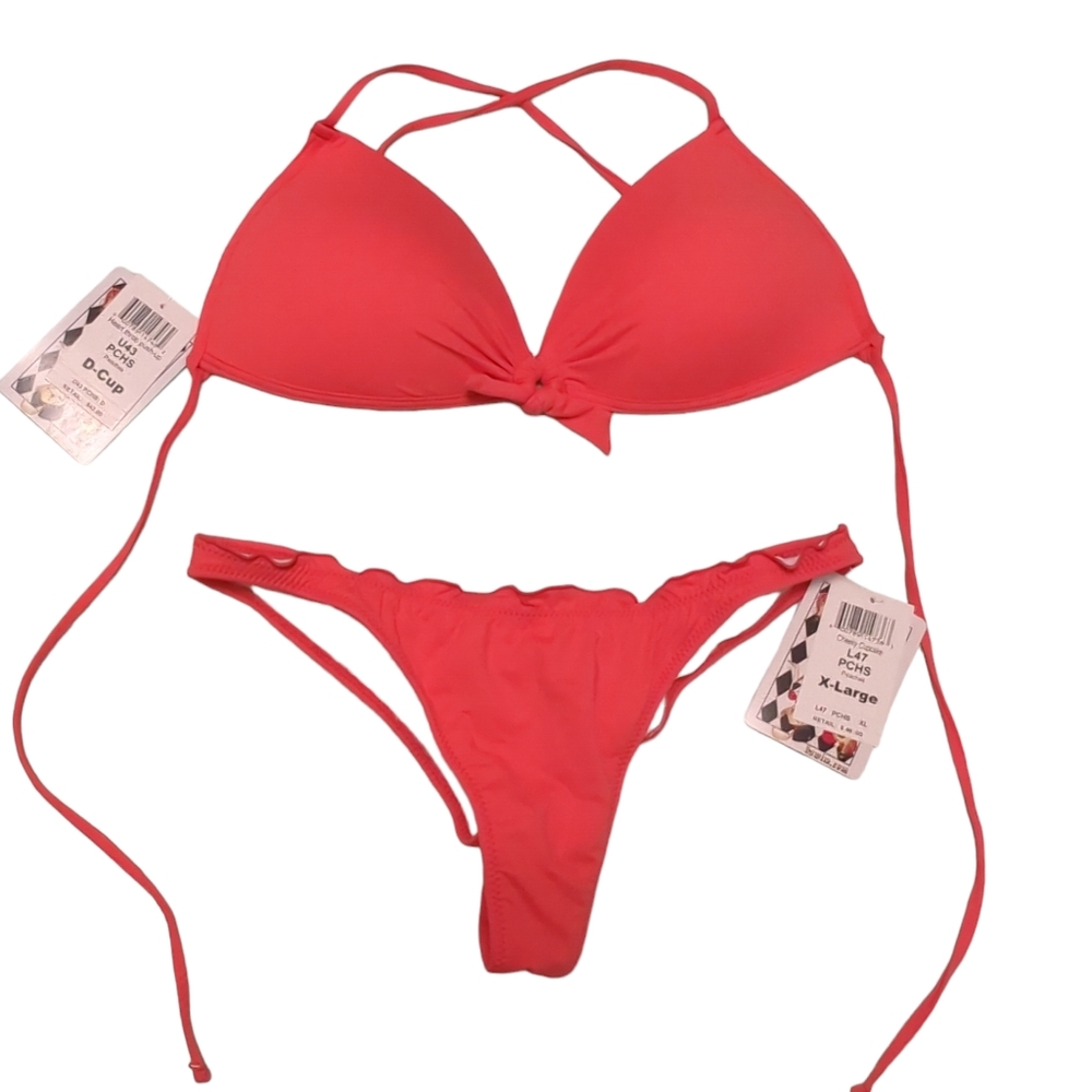 Push Up Cheeky Rouched Bikini Set D-Cup XL Bottoms Pink